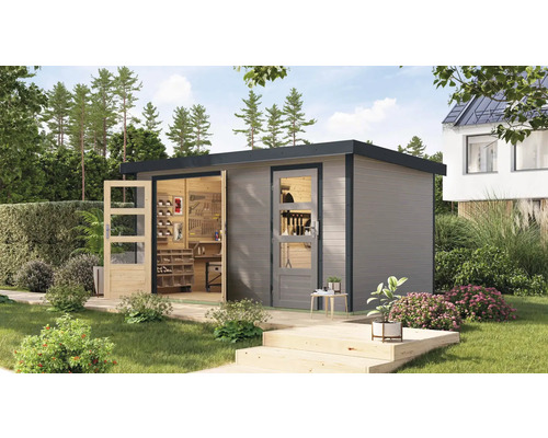 Abri de jardin Karibu Merkuras D métal anthracite 431,5 x 235 cm gris eau Abri de jardin moderne avec établi et étagères dans le jardin.