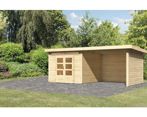 Gartenhaus Karibu Skandi 6 inkl. Anbaudach mit Rück- und Seitenwand 3,2 m 612 x 303 cm natur