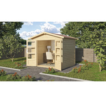 Abri de jardin avec portes doubles ouvertes, aménagé en bureau avec bureau et chaise dans le jardin