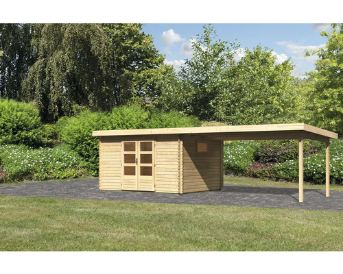 Abri de jardin Karibu Tossens 4 avec extension de toit de 4,4 m 714,5 x 333 cm naturel