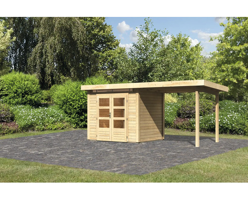 Abri de jardin Karibu Skandi 2 avec extension de toit de 2,35 m 492 x 232 cm naturel Abri de jardin Karibu Skandi 2 avec extension de toit de 2,35 m 492 x 232 cm naturel