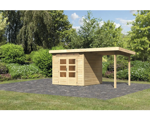 Abri de jardin Karibu Skandi 3 avec extension de toit de 2,35 m 495 x 273 cm naturel Abri de jardin Karibu Skandi 3 avec extension de toit de 2,35 m 495 x 273 cm naturel
