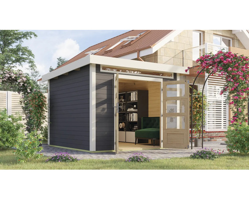 Modernes Gartenhaus mit Doppeltür, eingebettet in eine gepflegte Gartenlandschaft.
