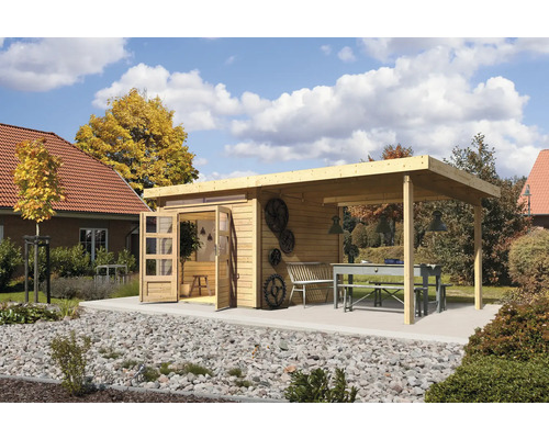 Abri de jardin Karibu Skandi 6 avec extension de toit de 3,2 m 612 x 303 cm naturel Abri de jardin Karibu Skandi 6 avec extension de toit de 3,2 m 612 x 303 cm naturel