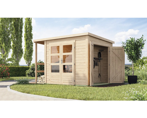 Abri de jardin Karibu Davos avec armoire et extension de toit 319 x 219 cm naturel