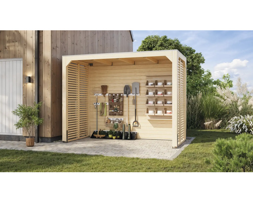 Abri de jardin ouvert en bois avec outils de jardin et étagères pour le rangement