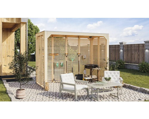 Scène de jardin avec abri à outils, espace barbecue et coin salon sur une surface pavée