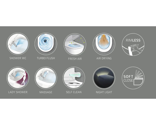 Funktionen einer Duschtoilette: Dusch-WC, Turbo-Spülung, Lufterfrischer, Warmlufttrockner, spülrandlos, Damendusche, Massage, Selbstreinigung, Nachtlicht und Absenkautomatik
