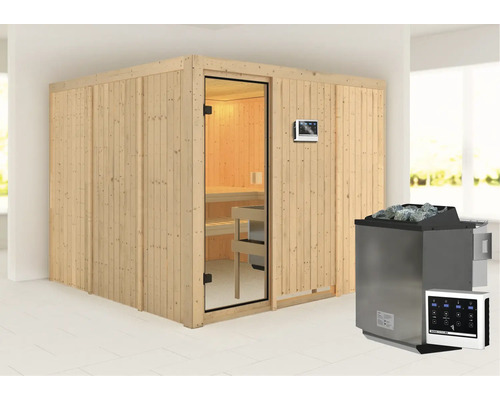 Sauna modulaire Karibu Arvika avec poêle bio 9 kW avec commande ext. sans couronne avec porte entièrement vitrée couleur bronze