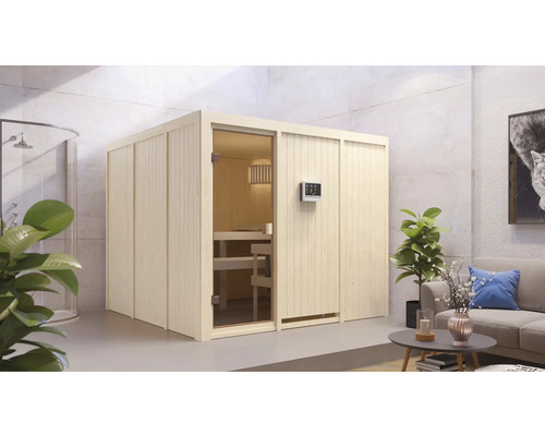 Sauna modulaire Karibu Arvika avec poêle 9 kW avec commande ext. sans couronne avec porte entièrement vitrée couleur bronze