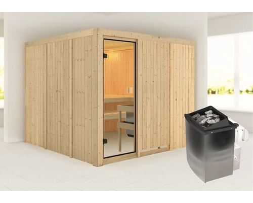 Sauna modulaire Karibu Arvika avec poêle 9 kW avec commande intégrée sans couronne avec porte entièrement vitrée couleur bronze