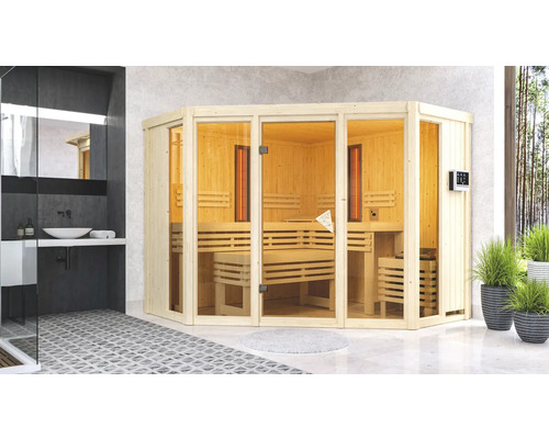 Sauna modulaire Karibu Astaria avec poêle 9 kW et commande externe, sans couronne, avec portes entièrement vitrées couleur bronze Sauna modulaire Karibu Astaria avec poêle 9 kW et commande externe, sans couronne, avec portes entièrement vitrées couleur bronze