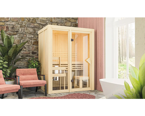 Sauna modulaire Karibu Avarni 1 sans poêle ni couronne avec porte entièrement vitrée couleur bronze