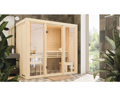 Sauna modulaire Karibu Avarni 2 sans poêle ni couronne avec porte entièrement vitrée couleur bronze