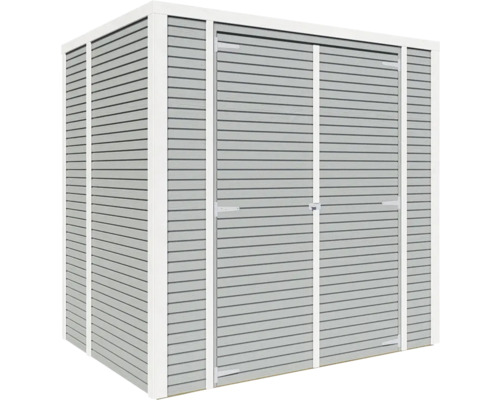 Abri de jardin en métal avec double porte et bardage horizontal.