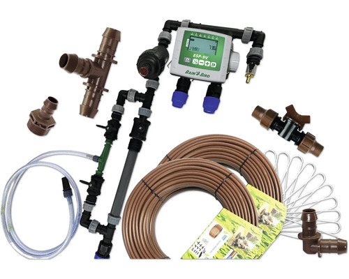 Système d''irrigation avec tuyaux, arroseurs et unité de commande