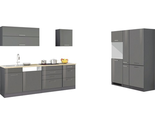Held Möbel Küchenzeile Mailand 390 cm Frontfarbe grau Hochglanz Korpusfarbe graphit