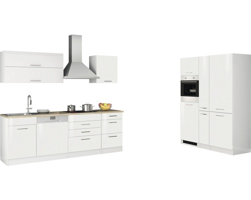 Cuisine complète avec évier, lave-vaisselle, plaque de cuisson, hotte aspirante et armoires hautes