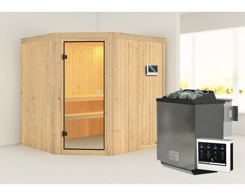 Sauna modulaire Karibu Bodo avec poêle bio 9 kW avec commande ext. sans couronne avec porte entièrement vitrée couleur bronze