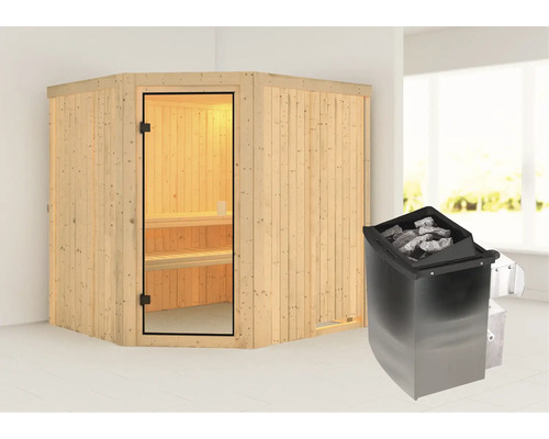 Sauna modulaire Karibu Bodo avec poêle 9 kW avec commande intégrée sans couronne avec porte entièrement vitrée couleur bronze