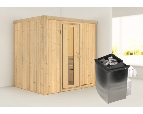 Sauna modulaire Karibu Bodina avec poêle 9 kW et commande intégrée, sans couronne, avec porte en bois et verre isolé thermiquement