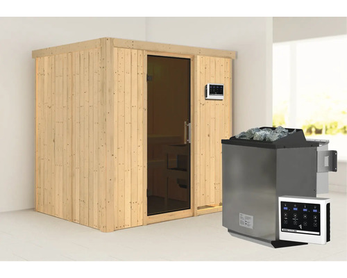 Sauna modulaire Karibu Bodina avec poêle bio 9 kW et commande externe, sans couronne, avec porte entièrement vitrée coloris graphite