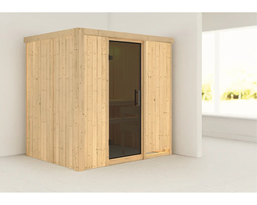 Sauna modulaire Karibu Bodina sans poêle ni couronne, avec porte entièrement vitrée coloris graphite