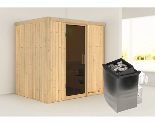 Sauna modulaire Karibu Bodina avec poêle 9 kW et commande intégrée, sans couronne, avec porte entièrement vitrée coloris graphite