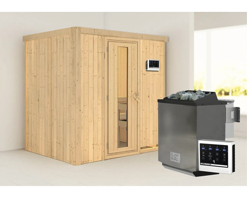 Sauna modulaire Karibu Bodina avec poêle bio 9 kW et commande externe, sans couronne, avec porte en bois et verre isolé thermiquement