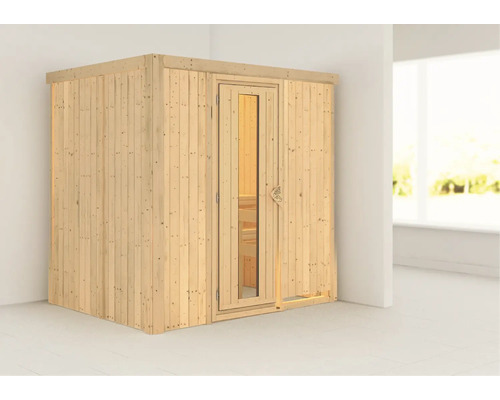 Sauna modulaire Karibu Bodina sans poêle ni couronne, avec porte en bois et verre isolé thermiquement