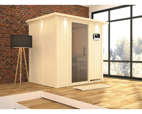 Sauna modulaire Karibu Bodina avec poêle bio 9 kW et commande externe avec couronne et portes entièrement vitrées coloris graphite