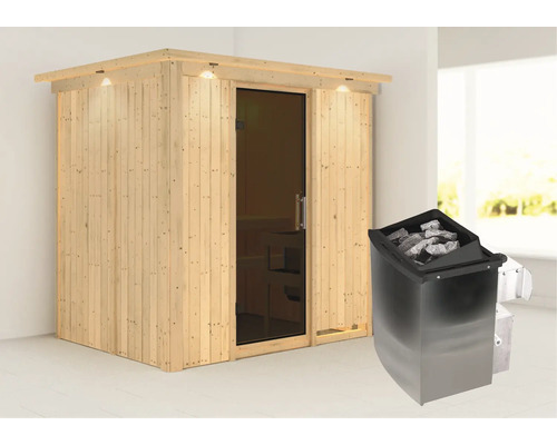 Sauna modulaire Karibu Bodina avec poêle 9 kW et commande intégrée avec couronne et portes entièrement vitrées coloris graphite