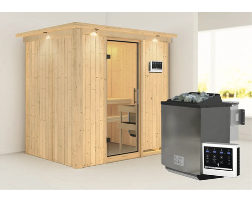 Elementsauna Karibu Bodina inkl. 9 kW Bio Ofen u.ext.Steuerung mit Dachkranz und Ganzglastüre aus Klarglas