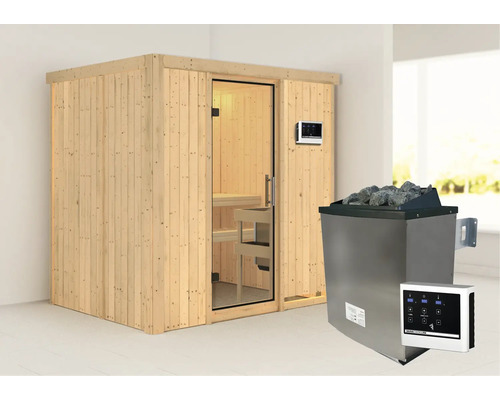 Sauna modulaire Karibu Bodina avec poêle 9 kW et commande externe sans couronne avec portes entièrement vitrées transparentes