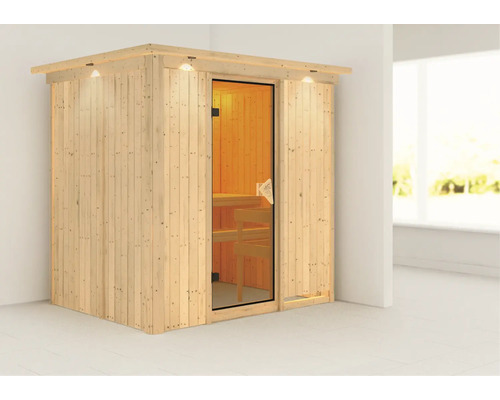 Sauna modulaire Karibu Bodina sans poêle avec couronne et portes entièrement vitrées coloris bronze