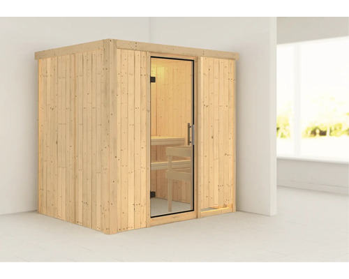 Sauna modulaire Karibu Bodina sans poêle sans couronne avec portes entièrement vitrées transparentes