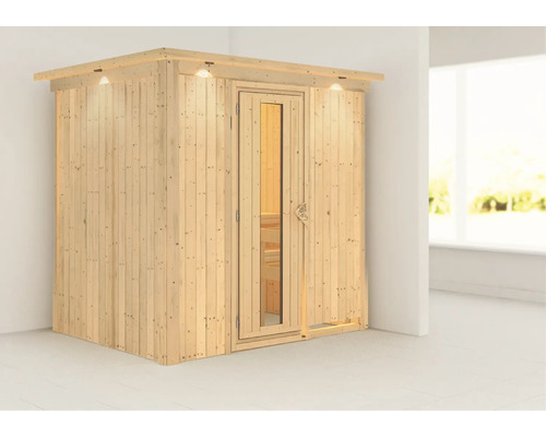 Elementsauna Karibu Bodina ohne Ofen mit Dachkranz und Holztüre mit Isolierglas wärmegedämmt