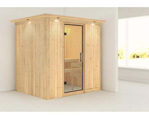 Sauna modulaire Karibu Bodina sans poêle avec couronne et portes entièrement vitrées transparentes