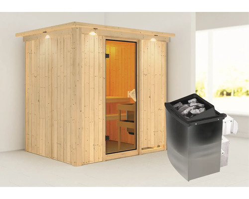 Sauna modulaire Karibu Bodina avec poêle 9 kW et commande intégrée avec couronne et portes entièrement vitrées coloris bronze