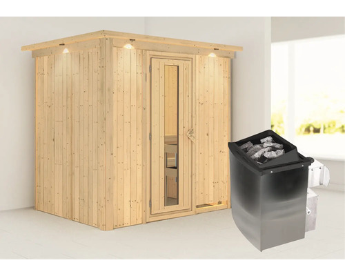 Sauna modulaire Karibu Bodina avec poêle 9 kW et commande externe avec couronne et portes en bois avec verre isolé thermiquement