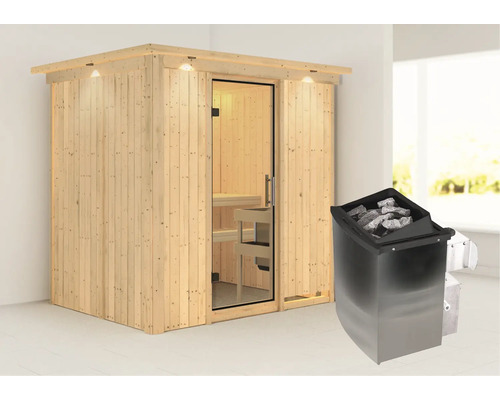 Sauna modulaire Karibu Bodina avec poêle 9 kW et commande intégrée avec couronne et portes entièrement vitrées transparentes