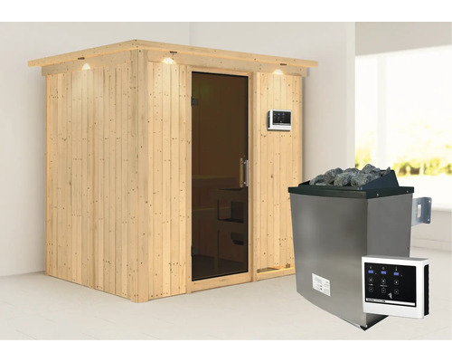 Sauna modulaire Karibu Bodina avec poêle 9 kW et commande externe avec couronne et portes entièrement vitrées coloris graphite