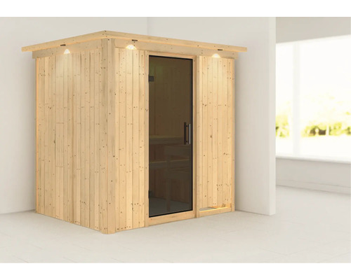 Sauna modulaire Karibu Bodina sans poêle avec couronne et portes entièrement vitrées coloris graphite