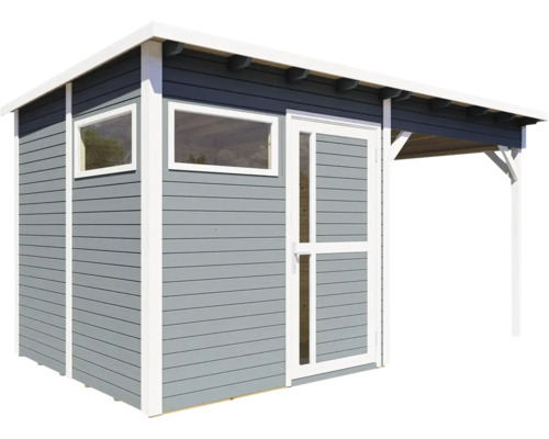 Abri de jardin en bois avec porte, fenêtres et auvent