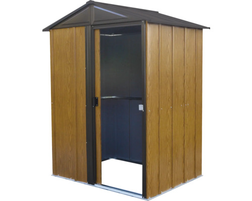 Armoire de jardin avec porte coulissante en aspect bois et toit en métal