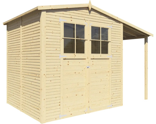 Abri de jardin en bois avec fenêtres et auvent