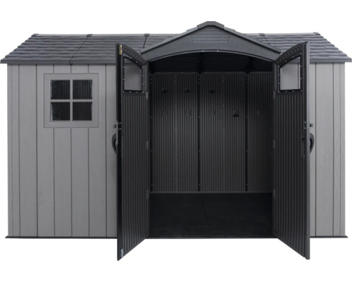 Abri de jardin avec portes doubles ouvertes et fenêtre