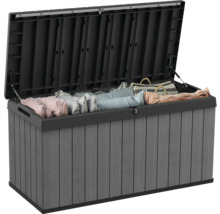 Geöffnete Gartenbox mit Stauraum für Gartengeräte und Auflagen