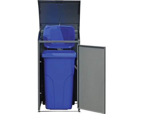 Mülltonnenbox mit zwei blauen Mülltonnen und einer Tür.