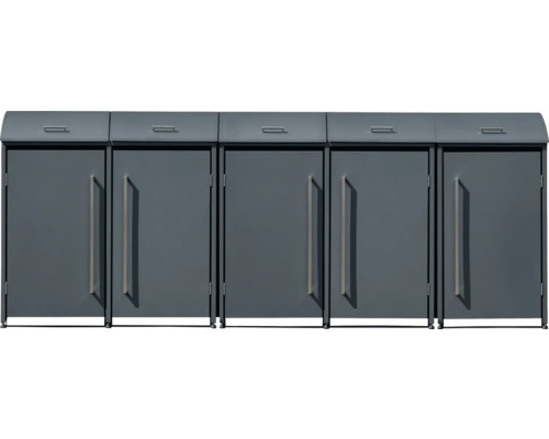 Reihe von fünf Mülltonnenboxen mit Griffen